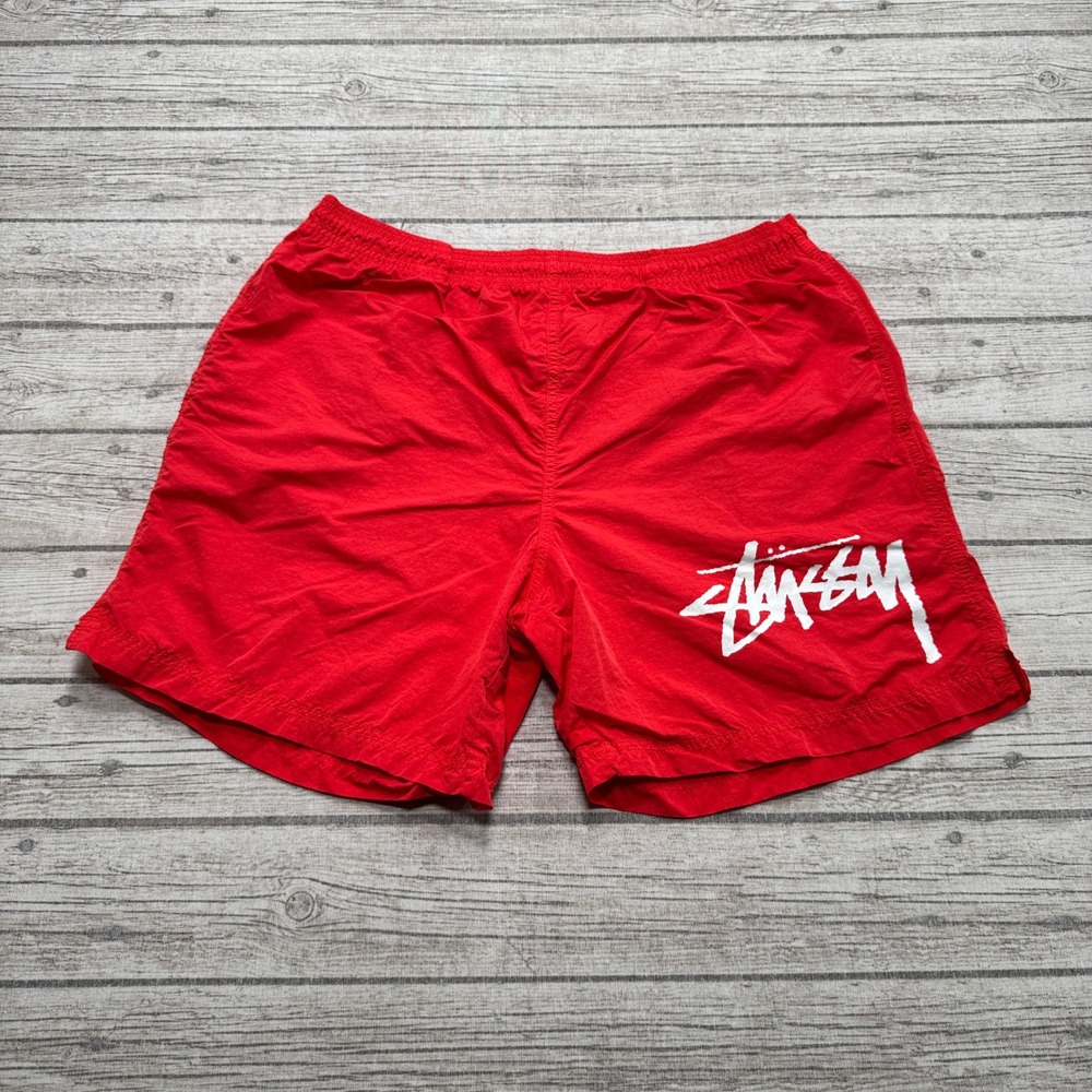 Vintage 90s Nike x Stussy Swim Shorts Men's L Red Swoosh Athletic Nylon Surfer